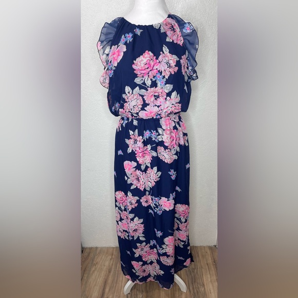 Navy Pink Floral Chiffon Maxi Dress Romantic Cottagecore Spring Wedding Guest Md - Picture 4 of 14